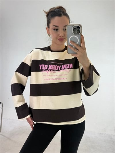 Kahve Sarı New York City Çizgili Sweat