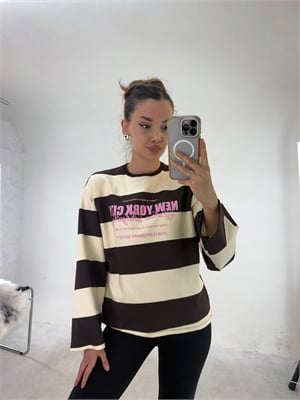 Kahve Sarı New York City Çizgili Sweat