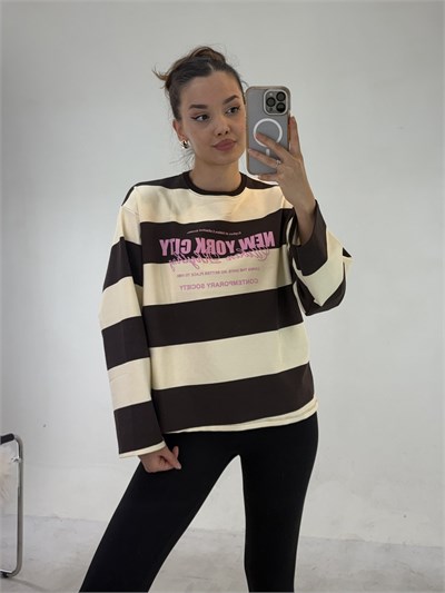 Kahve Sarı New York City Çizgili Sweat