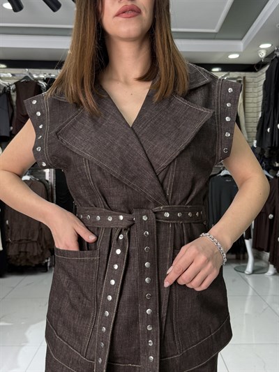 Kahve Zımba Detay Yelek Takım