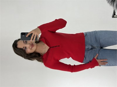 Kırmızı Çok Düğmeli İtalyan Kesim Basic Triko