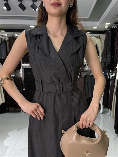 Kruvaze Yaka Siyah Tensel Elbise