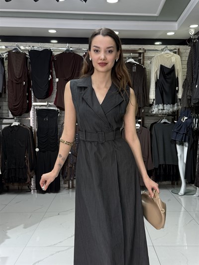 Kruvaze Yaka Siyah Tensel Elbise