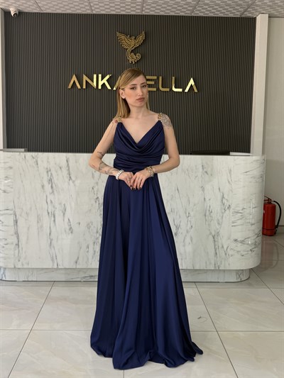 Lacivert Degaje Yaka Saten Abiye