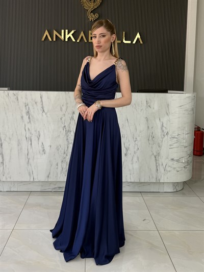 Lacivert Degaje Yaka Saten Abiye