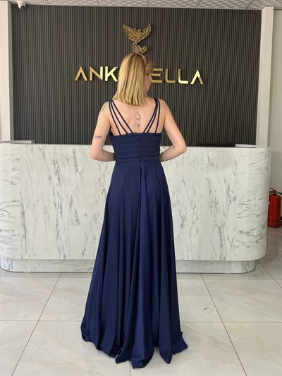 Lacivert Degaje Yaka Saten Abiye