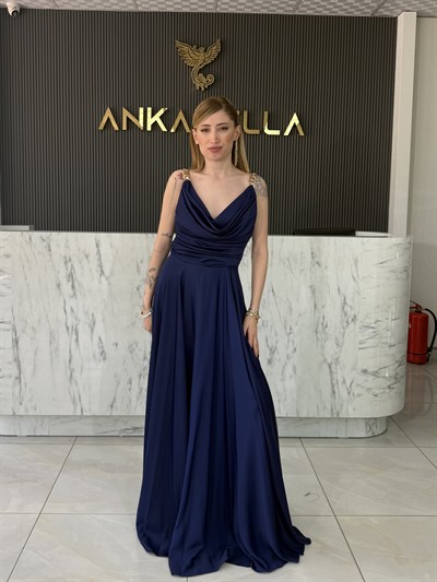 Lacivert Degaje Yaka Saten Abiye