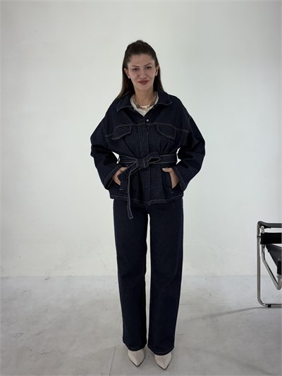Lacivert Denim Kuşaklı Takım