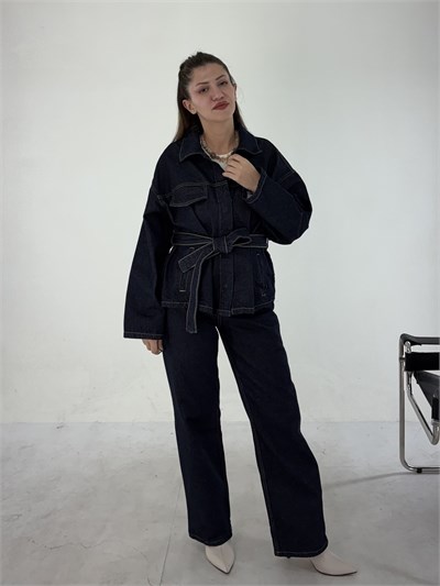 Lacivert Denim Kuşaklı Takım