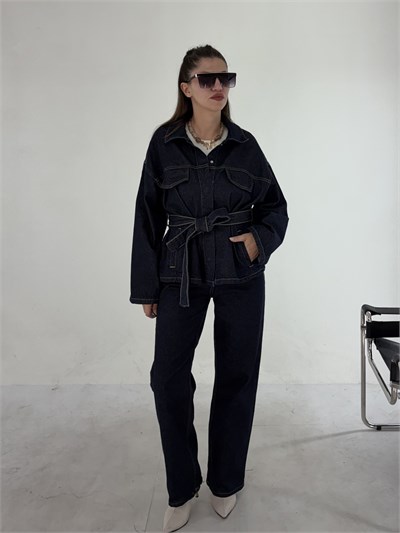 Lacivert Denim Kuşaklı Takım