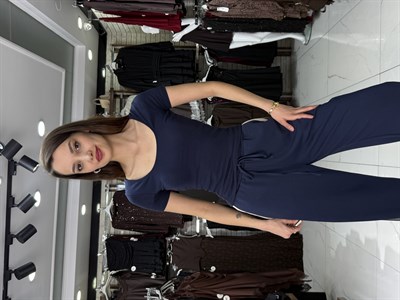 Lacivert Derin Yaka Crop Tshirt