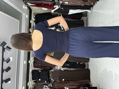 Lacivert Derin Yaka Crop Tshirt