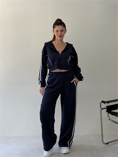 Lacivert Üç İplik Şeritli Sweat Ceket