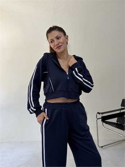 Lacivert Üç İplik Şeritli Sweat Ceket