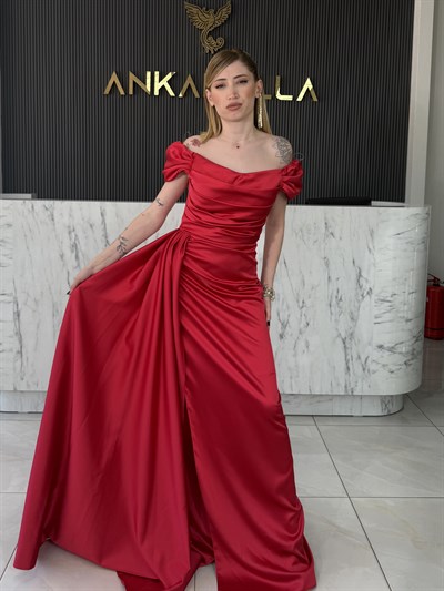 Madonna Yaka Kırmızı Abiye