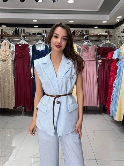 Mavi Hasır Kemerli Keten Yelek