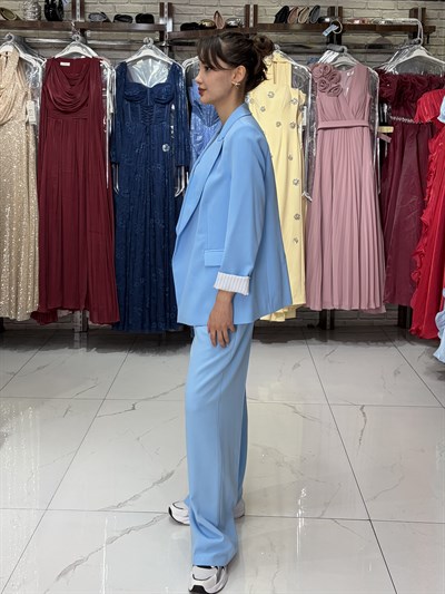 Mavi Kol Katlamalı Duble Blazer