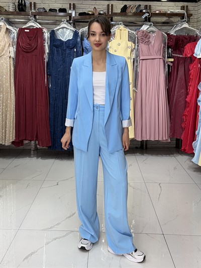 Mavi Kol Katlamalı Duble Blazer