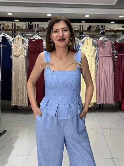 Mavi Korse Bluz Pantolon Takım