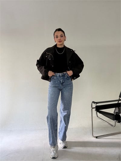 Mavi Serpme Taşlı Jean