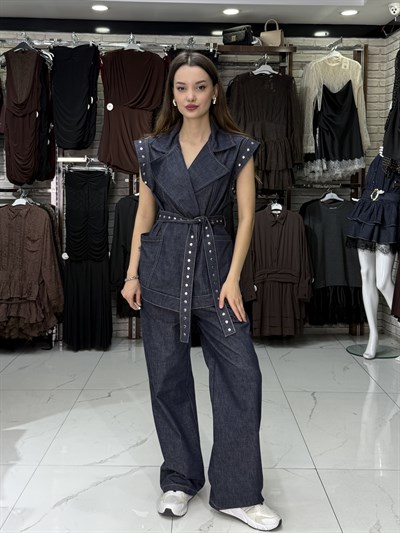 Lacivert Zımba Detay Yelek Takım