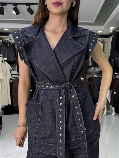 Lacivert Zımba Detay Yelek Takım