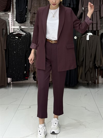 Mürdüm Kemerli Cep Detaylı Pantolon