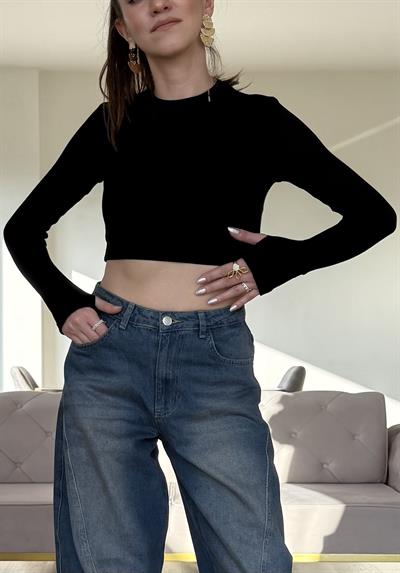 Parmak Geçirrmeli Crop Badi Siyah