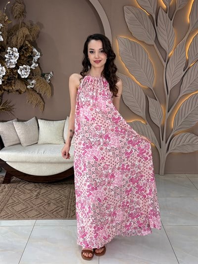 Pembe Çiiçekli Boyundan Bağlamalı Elbise