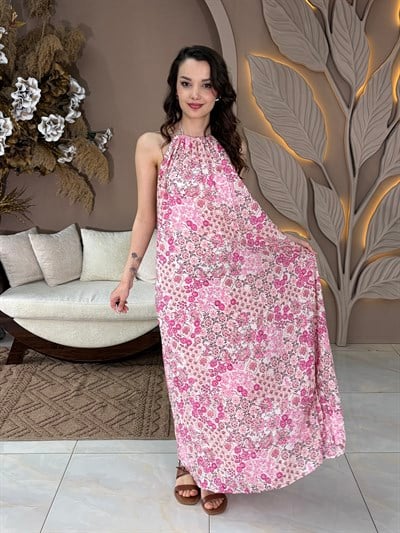 Pembe Çiiçekli Boyundan Bağlamalı Elbise