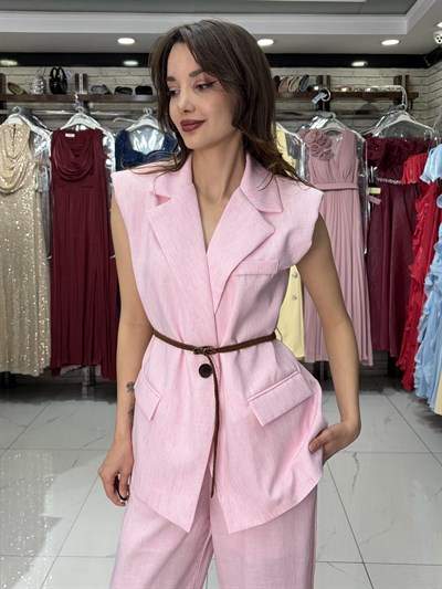 Pembe Hasır Kemerli Keten Yelek