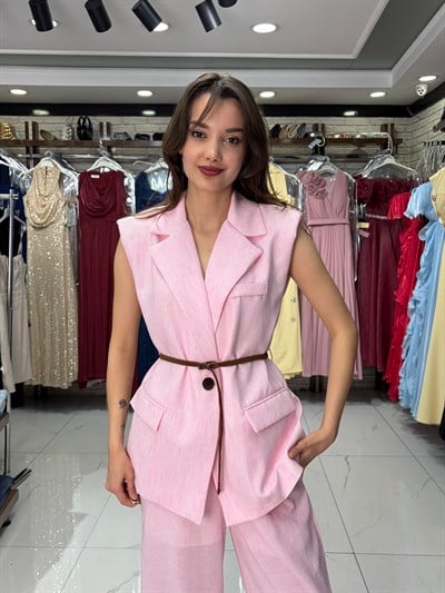 Pembe Hasır Kemerli Keten Yelek