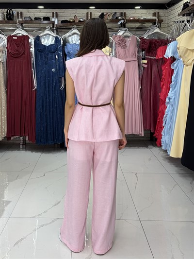 Pembe Hasır Kemerli Keten Yelek