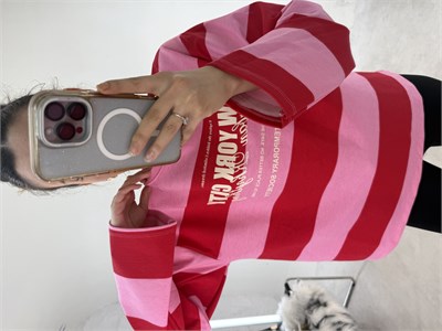 Pembe Kırmızı New York City Çizgili Sweat