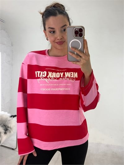Pembe Kırmızı New York City Çizgili Sweat