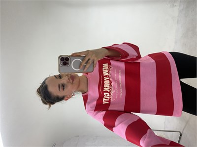 Pembe Kırmızı New York City Çizgili Sweat