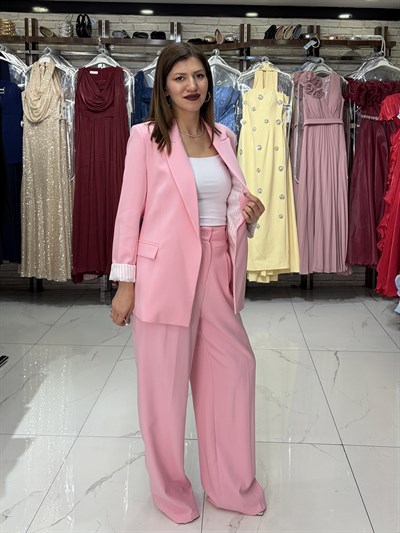 Pembe Kol Katlamalı Duble Blazer