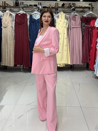 Pembe Kol Katlamalı Duble Blazer