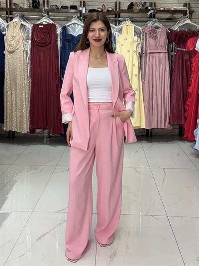 Pembe Kol Katlamalı Duble Blazer