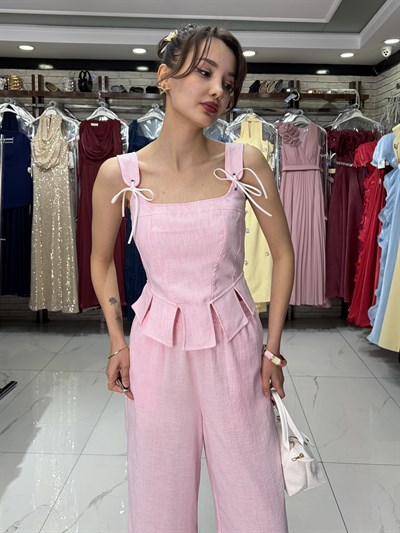 Pembe Korse Bluz Pantolon Takım