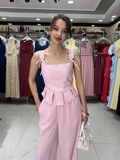Pembe Korse Bluz Pantolon Takım