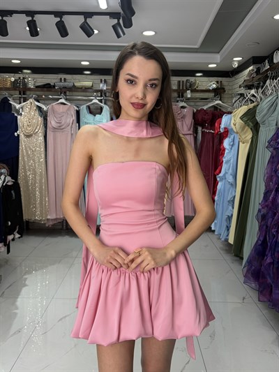 Pembe Şal Detay Balon Elbise
