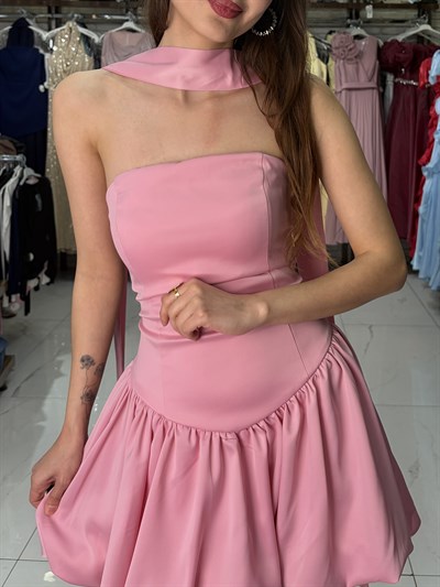 Pembe Şal Detay Balon Elbise