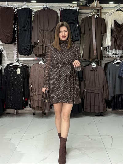 Puantiyeli Şifon Acı Kahve Şifon Elbise
