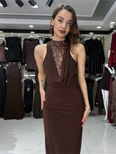 Sandy Kumaş Dantel Detay Acı Kahve Elbise