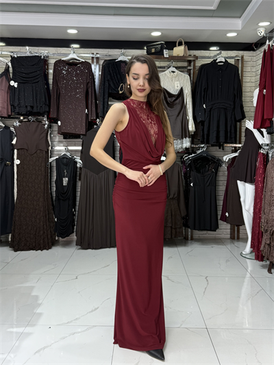Sandy Kumaş Dantel Detay Bordo Elbise
