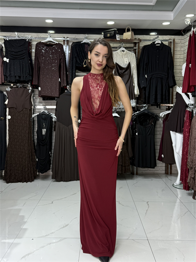 Sandy Kumaş Dantel Detay Bordo Elbise