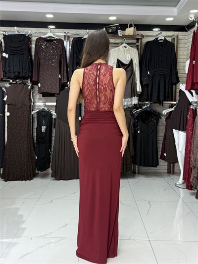 Sandy Kumaş Dantel Detay Bordo Elbise