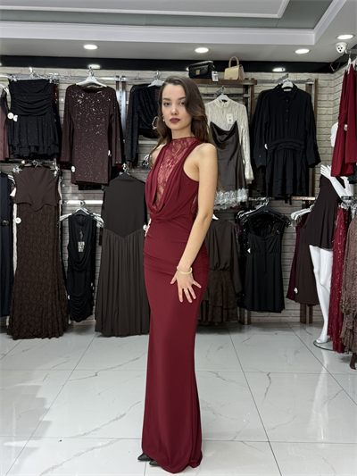 Sandy Kumaş Dantel Detay Bordo Elbise