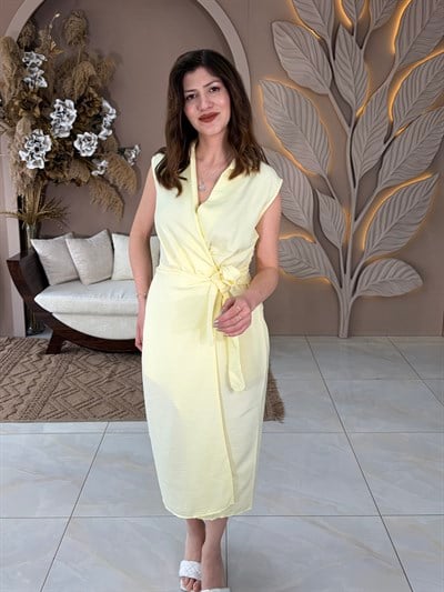 Sarı Bağcıklı Keten Elbise